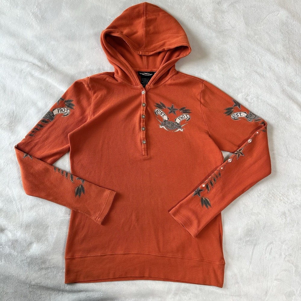 Y2K Harley Davidson Sweater Long Sleeve With The Hood Orange Size Medium